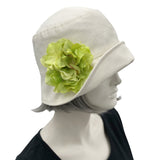 1930s Hat, Cream Linen Cloche Hat with Blue Hydrangea Brooch, Summer Hats Women, Handmade in the USA