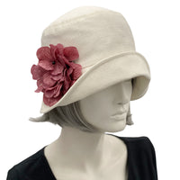 1930s Hat, Cream Linen Cloche Hat with Blue Hydrangea Brooch, Summer Hats Women, Handmade in the USA