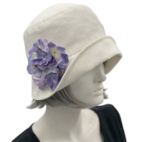 1930s Hat, Cream Linen Cloche Hat with Blue Hydrangea Brooch, Summer Hats Women, Handmade in the USA