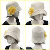 Boston Millinery's handmade Eleanor narrow brim cream linen cloche hat with hydrangea brooch four view collage modeled on a hat mannequin 
