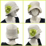 Boston Millinery's handmade Eleanor narrow brim cream linen cloche hat with spring green hydrangea brooch four view collage modeled on a hat mannequin 