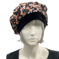Beret Women, Black and Orange Floral Velvet, Satin Lined Hat, Chemo Headwear