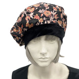 Beret Women, Black and Orange Floral Velvet, Satin Lined Hat, Chemo Headwear