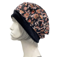 Beret Women, Black and Orange Floral Velvet, Satin Lined Hat, Chemo Headwear