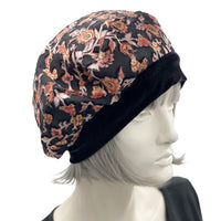 Beret Women, Black and Orange Floral Velvet, Satin Lined Hat, Chemo Headwear