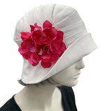 1930s style Summer Cloche Hats, handmade in White Linen with Pretty Hydrangea Flower Brooch,Pink side view 