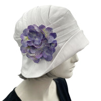 1930s style Summer Cloche Hats, handmade in White Linen with Pretty Hydrangea Flower Brooch, Purple side view 