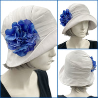 1930s style Summer Cloche Hats, handmade in White Linen with Pretty Hydrangea Flower Brooch, Blue side view collage