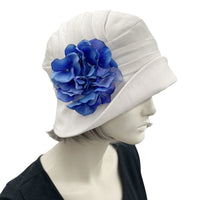 1930s style Summer Cloche Hats, handmade in White Linen with Pretty Hydrangea Flower Brooch, Blue side view 