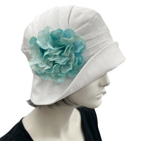 1930s style Summer Cloche Hats, handmade in White Linen with Pretty Hydrangea Flower Brooch, Teal side view 