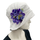1930s style Summer Cloche Hats, handmade in White Linen with Pretty Hydrangea Flower Brooch, Purple Green side view 