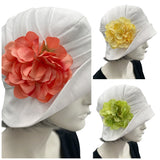 1930s style Summer Cloche Hats, handmade in White Linen with Pretty Hydrangea Flower Brooch, Collage coral, yellow and green side view 