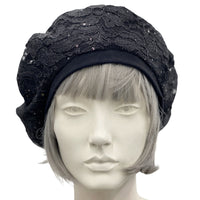 Summer Beret in Black Sparkle Lace, Cocktail Hat, Wedding Hat, Chemo Headwear, Beret Women, Elegant Formal Occasion