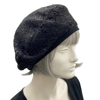 Summer Beret in Black Sparkle Lace, Cocktail Hat, Wedding Hat, Chemo Headwear, Beret Women, Elegant Formal Occasion