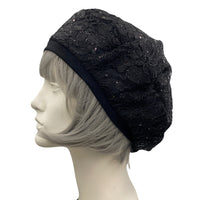 Summer Beret in Black Sparkle Lace, Cocktail Hat, Wedding Hat, Chemo Headwear, Beret Women, Elegant Formal Occasion