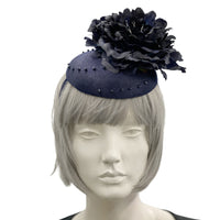 Navy Blue Fascinator, Womens Kentucky Derby Hats, Flower Fascinator, Hand Beaded, Metal Headband