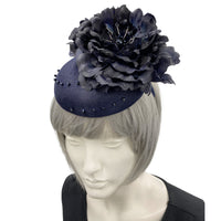 Navy Blue Fascinator, Womens Kentucky Derby Hats, Flower Fascinator, Hand Beaded, Metal Headband