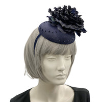 Navy Blue Fascinator, Womens Kentucky Derby Hats, Flower Fascinator, Hand Beaded, Metal Headband