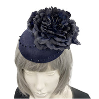 Navy Blue Fascinator, Womens Kentucky Derby Hats, Flower Fascinator, Hand Beaded, Metal Headband
