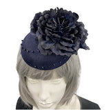 Navy Blue Fascinator, Womens Kentucky Derby Hats, Flower Fascinator, Hand Beaded, Metal Headband