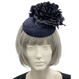 Navy Blue Fascinator, Womens Kentucky Derby Hats, Flower Fascinator, Hand Beaded, Metal Headband
