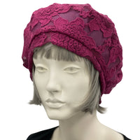 Raspberry Beret, Cute Beret,  Summer Hats Women, Handmade in Lace and Lined in Lightweight Satin, Wedding Hat, Chemo Headwear