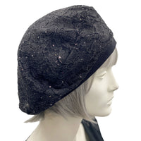 Summer Beret in Black Sparkle Lace, Cocktail Hat, Wedding Hat, Chemo Headwear, Beret Women, Elegant Formal Occasion