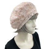 Summer Beret, Peachy Pink Lace Hat, Satin Lined, Church Hat, Wedding Hat, Handmade in USA