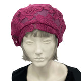 Raspberry Beret, Cute Beret,  Summer Hats Women, Handmade in Lace and Lined in Lightweight Satin, Wedding Hat, Chemo Headwear