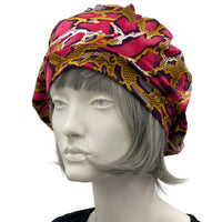 Beret Women, Summer Hats Women, Red and Gold  African Print Soft Stretch Jersey, More Colors Available, Satin Lined Hat, Handmade in the USA