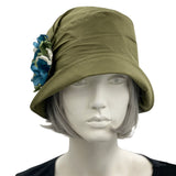 1920s Hat, Cloche Hat Women, Olive Green Cotton Summer Hat, Satin Flower Brooch, Chemo Headwear, Lightweight with Full Head Covering