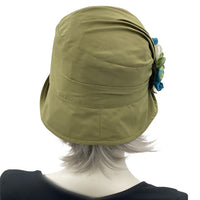 1920s Hat, Cloche Hat Women, Olive Green Cotton Summer Hat, Satin Flower Brooch, Chemo Headwear, Lightweight with Full Head Covering