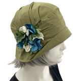 1920s Hat, Cloche Hat Women, Olive Green Cotton Summer Hat, Satin Flower Brooch, Chemo Headwear, Lightweight with Full Head Covering