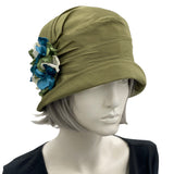 1920s Hat, Cloche Hat Women, Olive Green Cotton Summer Hat, Satin Flower Brooch, Chemo Headwear, Lightweight with Full Head Covering