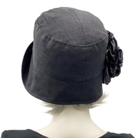 Linen Cloche Hat, 1920s Hat with Large Satin Peony Style Flower Brooch, Ready to Ship Size Large, Unique Millinery, Handmade in the USA