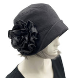 Linen Cloche Hat, 1920s Hat with Large Satin Peony Style Flower Brooch, Ready to Ship Size Large, Unique Millinery, Handmade in the USA