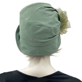 Cloche Hat Women, Sage Green Linen Hat with Large Organza Rose Brooch, Elegant Handmade Summer Hats Women