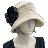 Summer Cloche Hat, Linen Hat with Large Rose Brooch, 1930s Style Hat, Tea Party, Wedding Guest Hat, Handmade in the USA