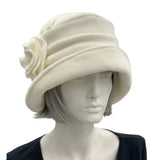 Cloche Hat Women, in Cream Fleece, Satin Lined Winter Hat, Unique Vintage Style, Handmade in the USA