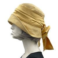 Cloche Hat Women in Golden Yellow Linen with Satin Band and Bow, 1920s Hat, Jazz Age Lawn Party and Wedding Hat, Handmade in the USA