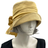 Cloche Hat Women in Golden Yellow Linen with Satin Band and Bow, 1920s Hat, Jazz Age Lawn Party and Wedding Hat, Handmade in the USA