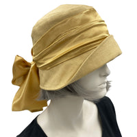 Cloche Hat Women in Golden Yellow Linen with Satin Band and Bow, 1920s Hat, Jazz Age Lawn Party and Wedding Hat, Handmade in the USA