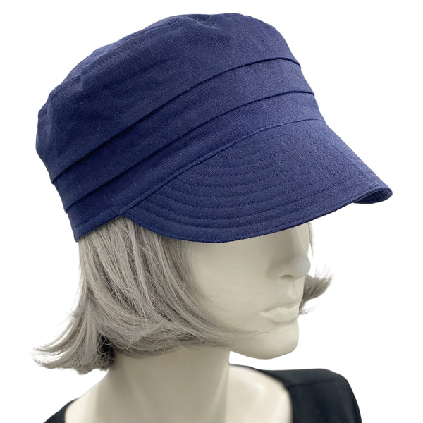 Peaked Cap, Cadet Hat, Summer Hats Women, Size Large Ready to Ship, Navy Blue Linen Cap, Handmade in the USA