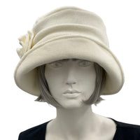 Cloche Hat Women, in Cream Fleece, Satin Lined Winter Hat, Unique Vintage Style, Handmade in the USA