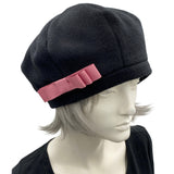 Black Beret, Polartec Fleece Berets for Women with Cute Ribbon Bow, Satin Lined Winter Hat, Handmade in the USA