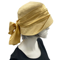 Cloche Hat Women in Golden Yellow Linen with Satin Band and Bow, 1920s Hat, Jazz Age Lawn Party and Wedding Hat, Handmade in the USA