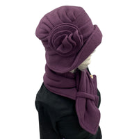 Cloche Hat Women, Eggplant Polar Fleece Hat and Scarf Set, Satin Lined Winter Hat, 1920s Fashion, Handmade in the USA