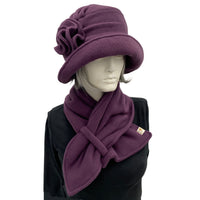 Cloche Hat Women, Eggplant Polar Fleece Hat and Scarf Set, Satin Lined Winter Hat, 1920s Fashion, Handmade in the USA