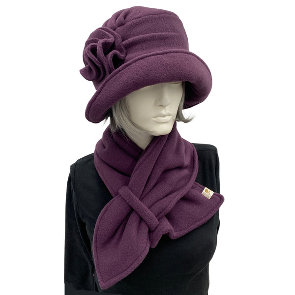 Cloche Hat Women, Eggplant Polar Fleece Hat and Scarf Set, Satin Lined Winter Hat, 1920s Fashion, Handmade in the USA