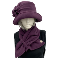 Cloche Hat Women, Eggplant Polar Fleece Hat and Scarf Set, Satin Lined Winter Hat, 1920s Fashion, Handmade in the USA